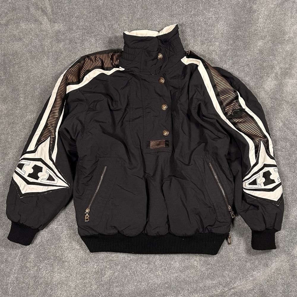 Vintage Bogner Black Ski Pullover Jacket Women 10 USA 1980s 1/2 Zip Applique 80s